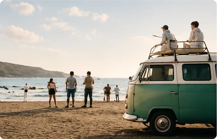 Beach camper van at sunset