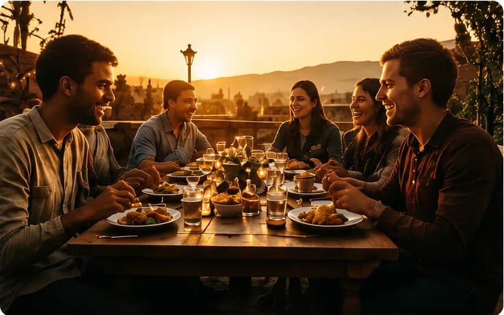 Friends sharing dinner at sunset